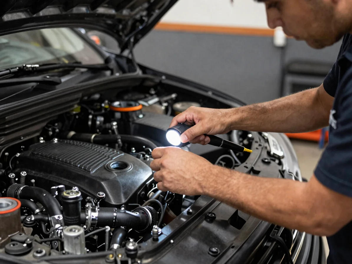 Mecánico concentrado revisando el compartimento de motor con una